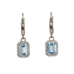 14K white gold aquamarine emerald-cut stud earrings with diamond halo