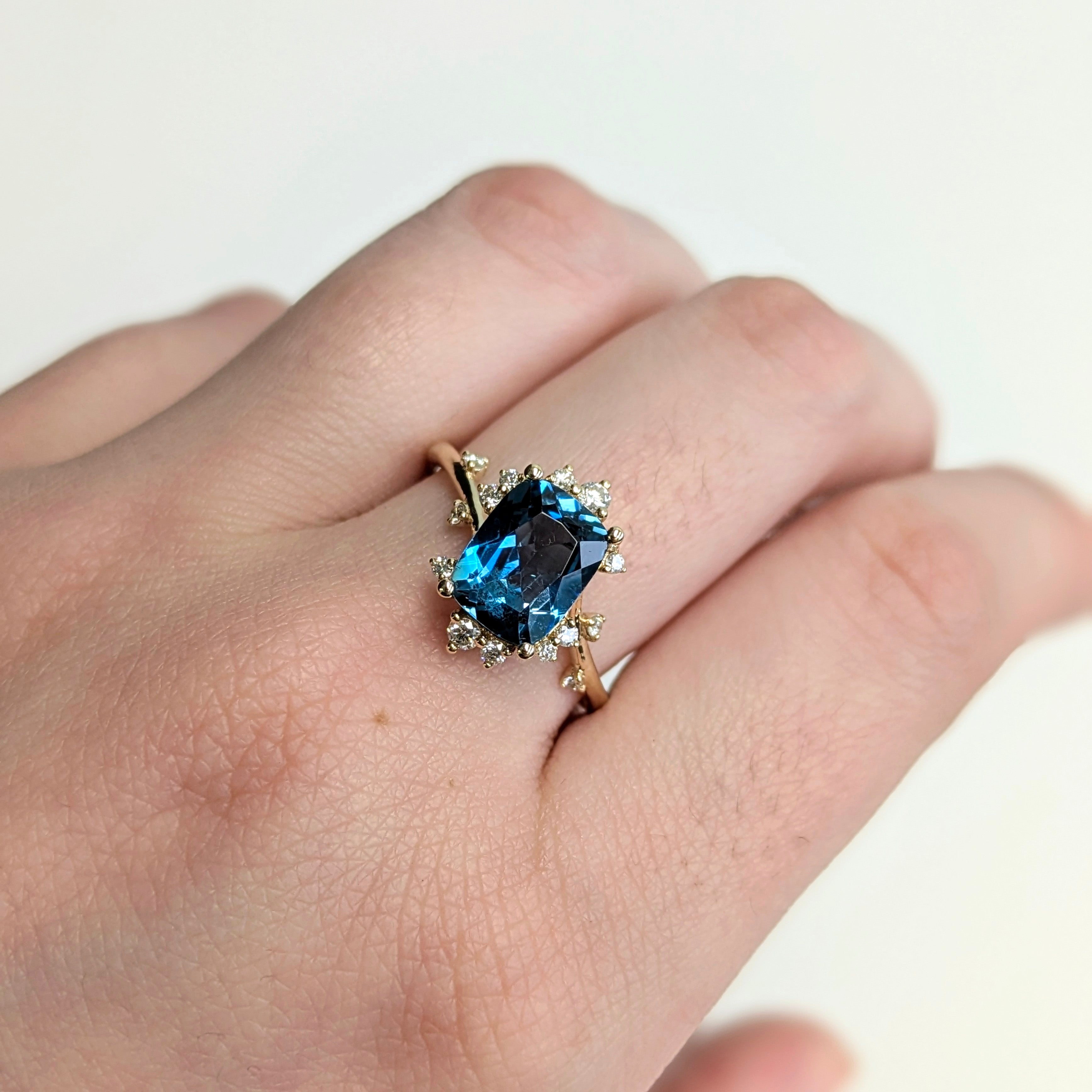 Llyas 14K Yellow Gold 2.55cts London Blue Topaz Diamond Ring | Cushion 9x7mm