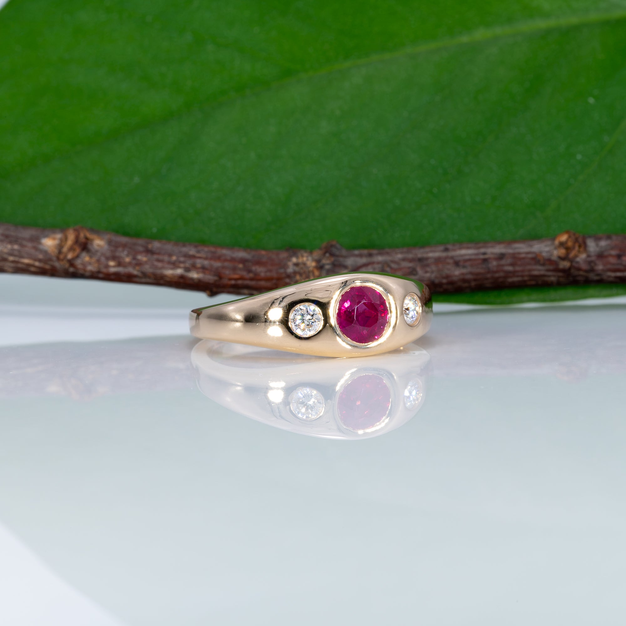 14K yellow gold Burma ruby ring with diamond accents
