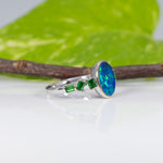 14K white gold boulder opal cabochon ring with tsavorite accents