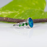 14K white gold boulder opal cabochon ring with tsavorite accents