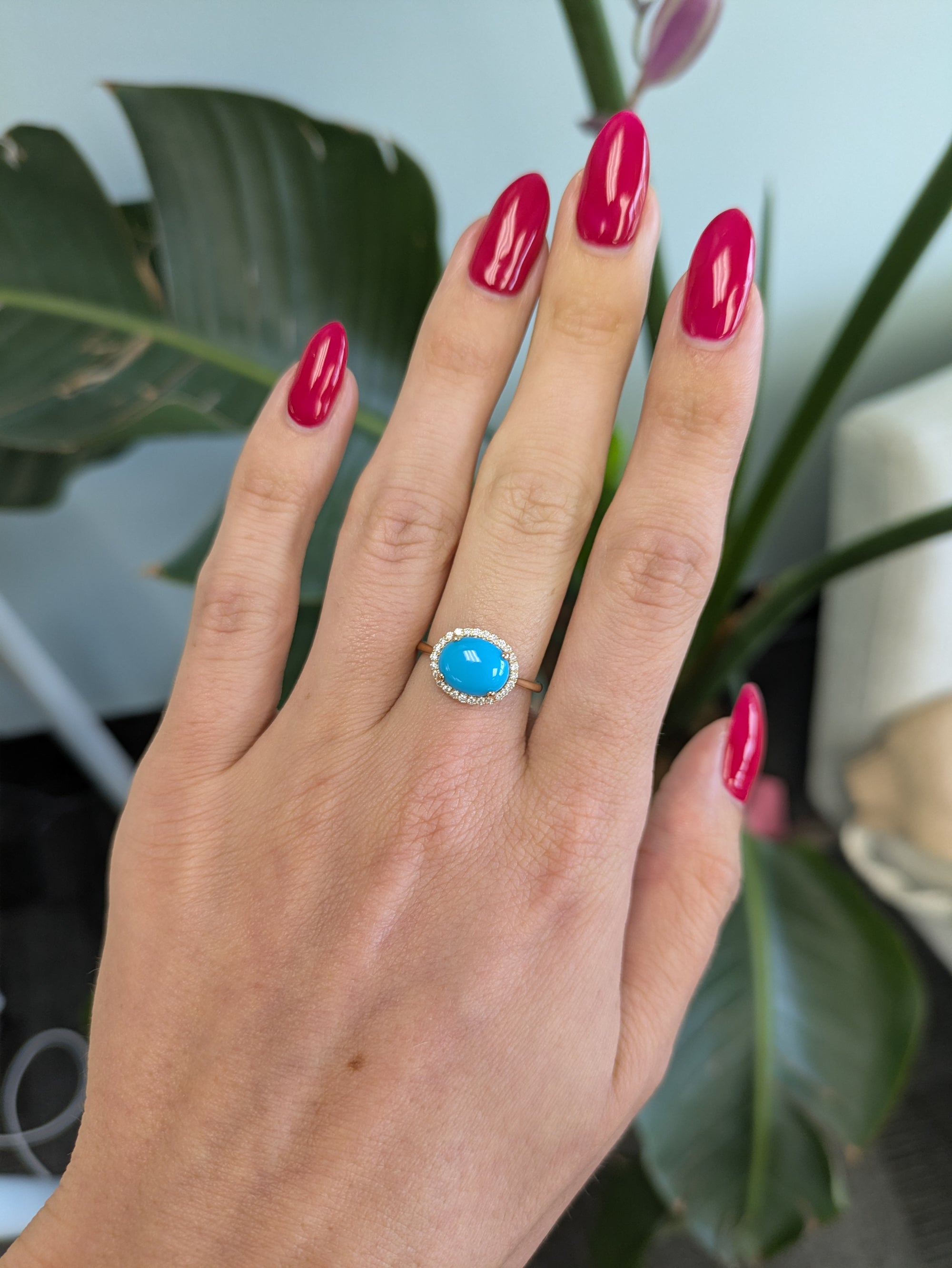 14K yellow gold sleeping beauty turquoise ring with diamond accents