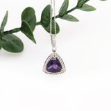 Classy Purple Amethyst Pendant in Solid 14k White Gold with Natural Diamond Accents | Trillion 9mm