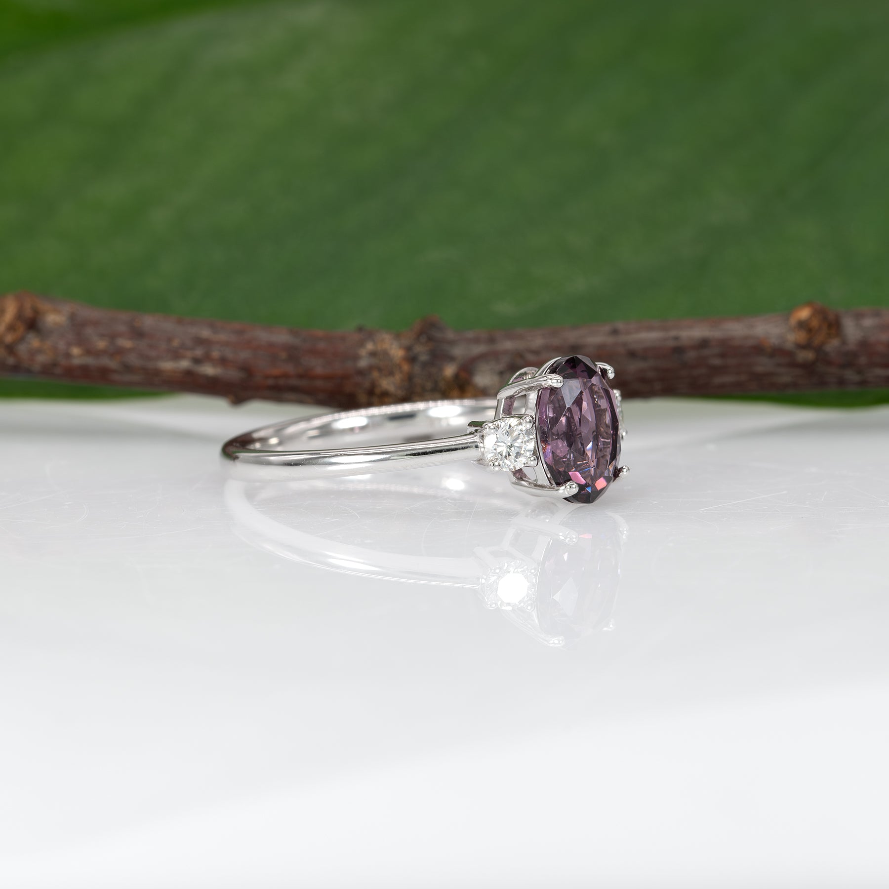 14K white gold purple spinel ring with diamond accents