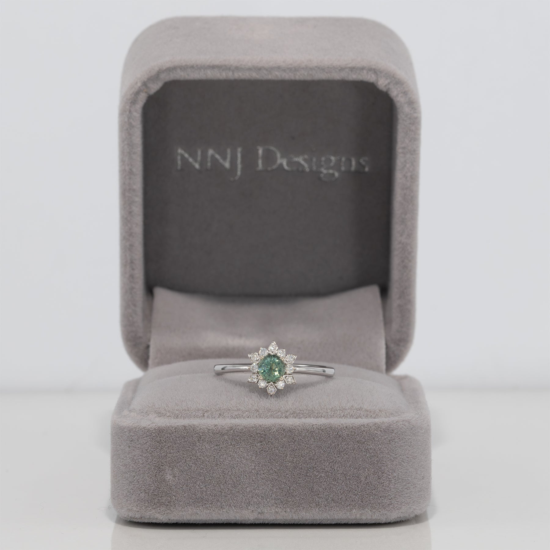 14K white gold alexandrite ring with diamond accents