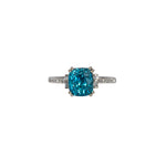 14K white gold Cambodian blue zircon cushion ring with diamond accents