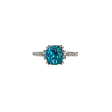 14K white gold Cambodian blue zircon cushion ring with diamond accents