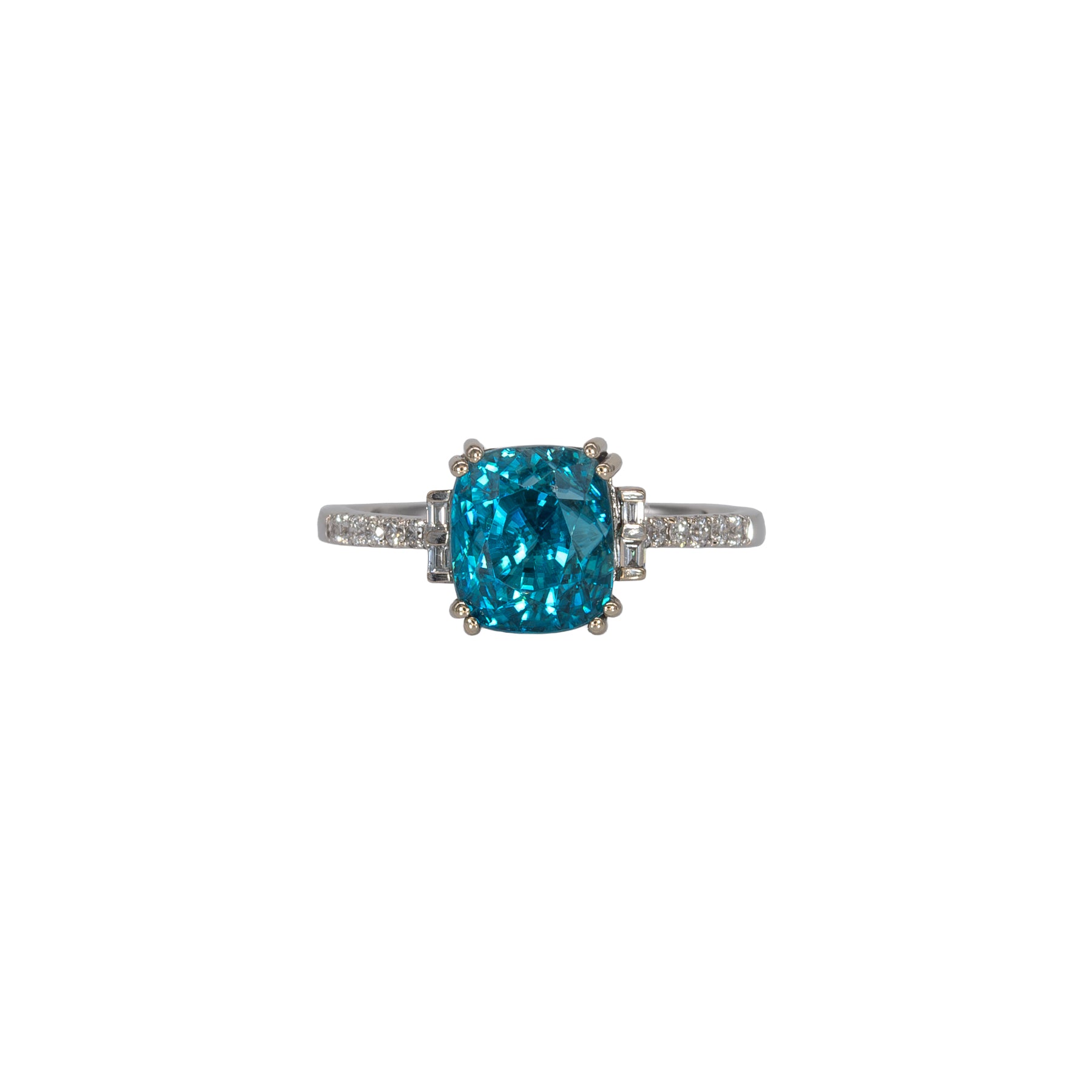 14K white gold Cambodian blue zircon cushion ring with diamond accents