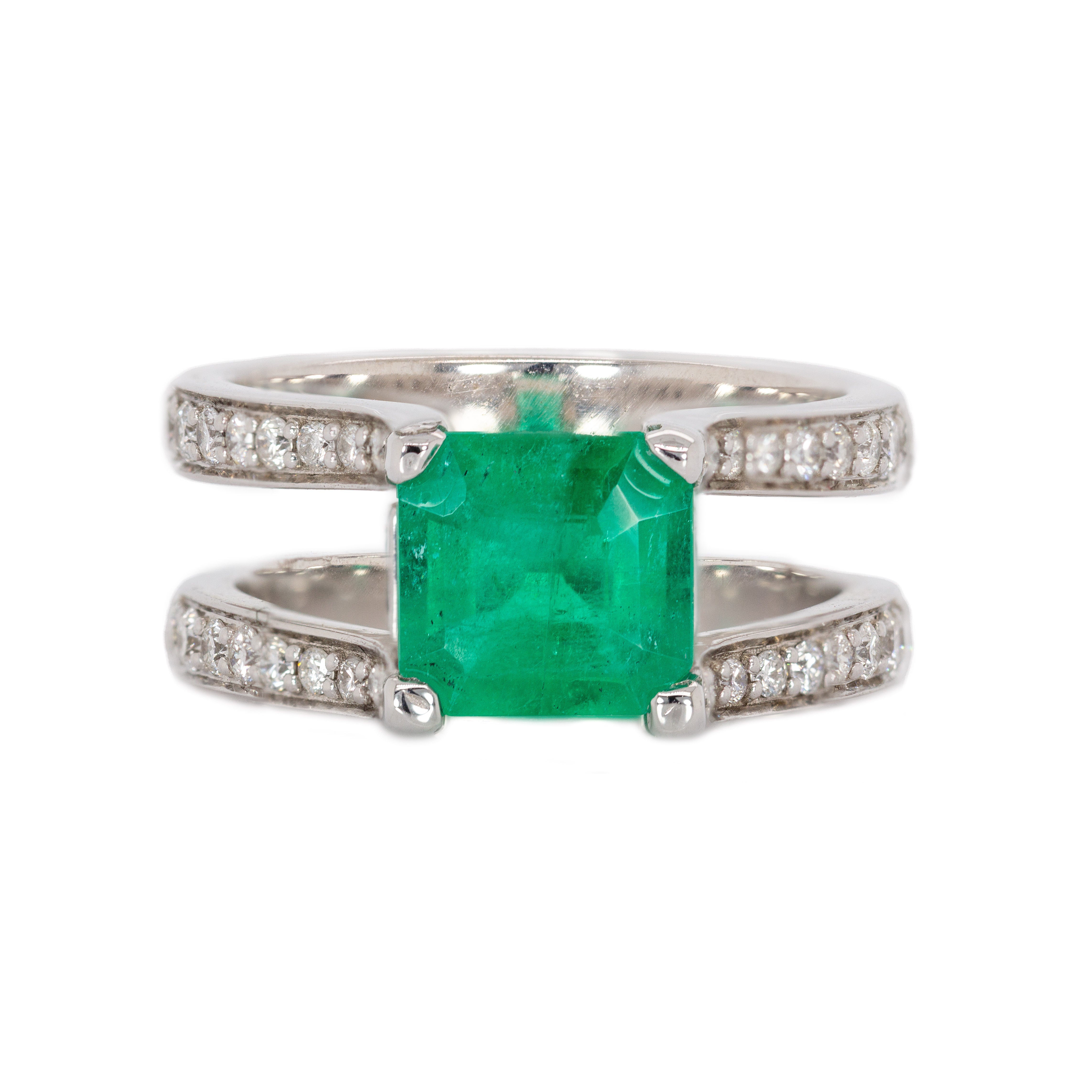 Alena 14K White Gold 2.27cts Colombian Emerald Diamond Ring | Asscher 9mm
