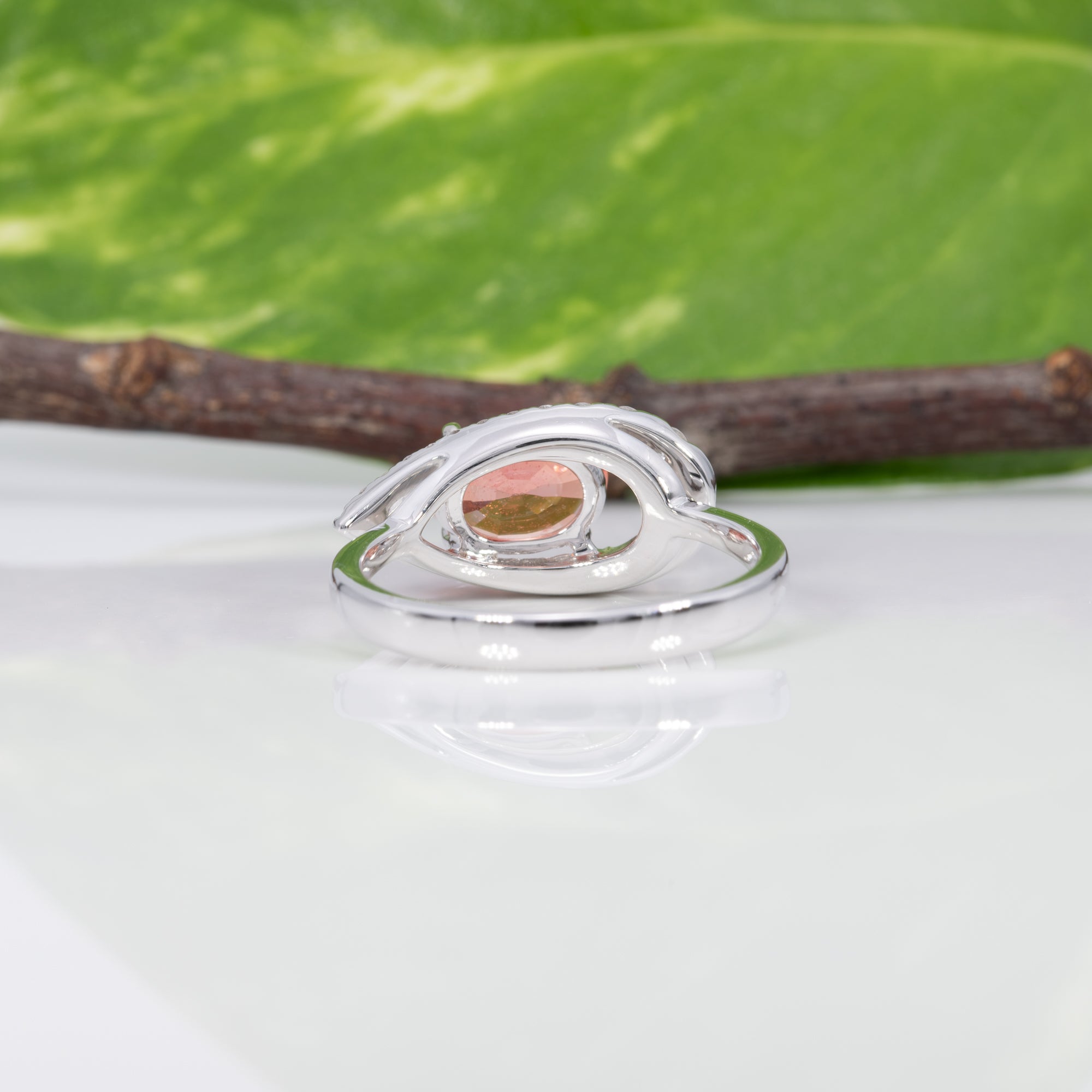 14K white gold padparadscha sapphire ring with diamond accents