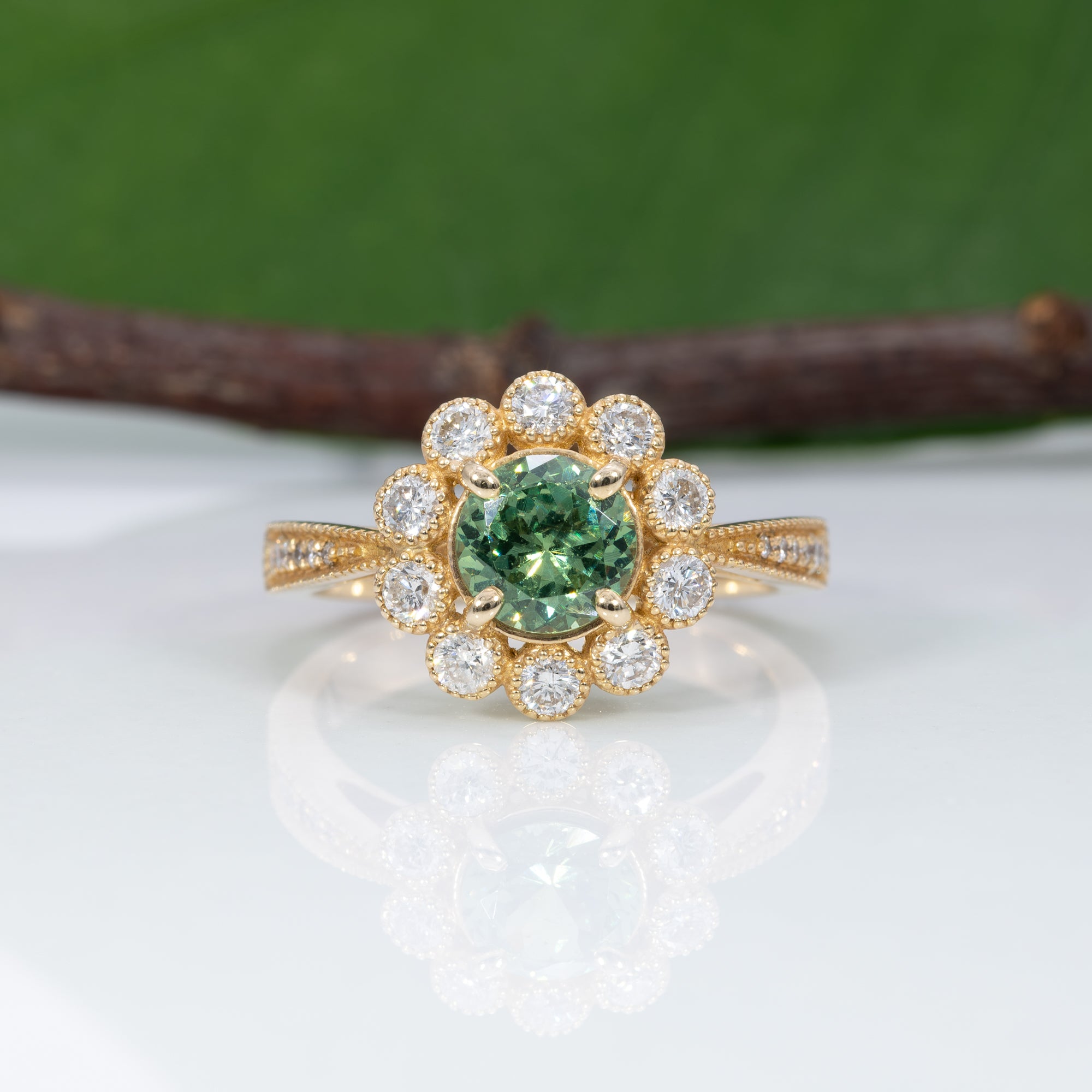 14K yellow gold demantoid garnet ring