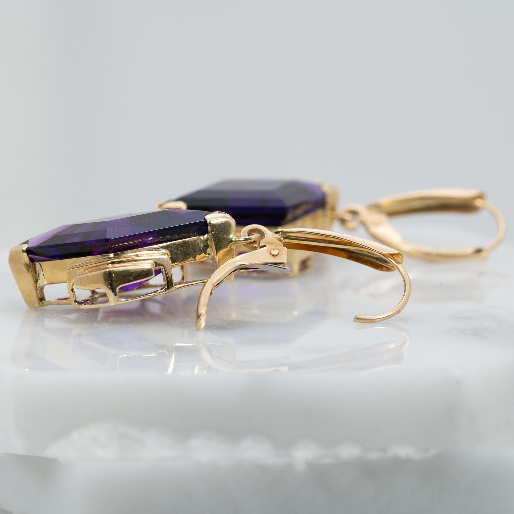 Zambian Amethyst Dangle Earrings in 14K Yellow Gold | Diamond Accents | Kite Cut | 22x13mm | February Birthstone