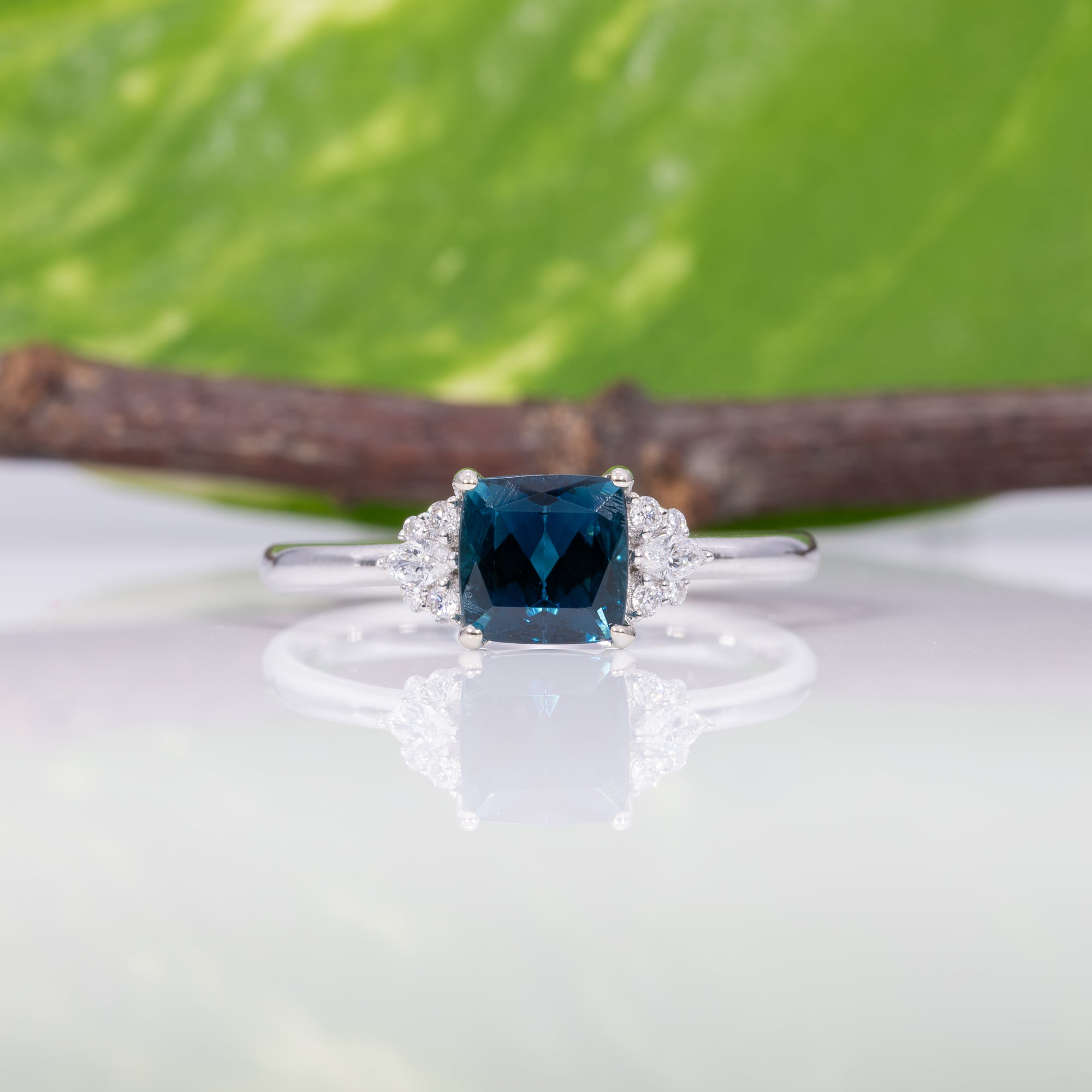 14K white gold indicolite tourmaline ring with diamond accents