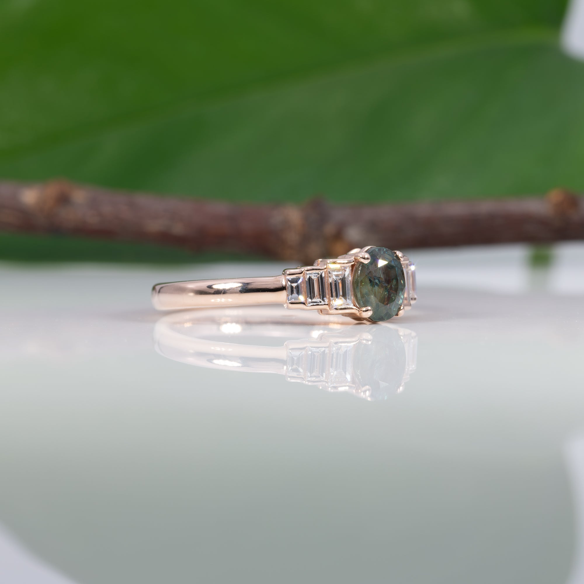 14K rose gold alexandrite ring with diamond accents