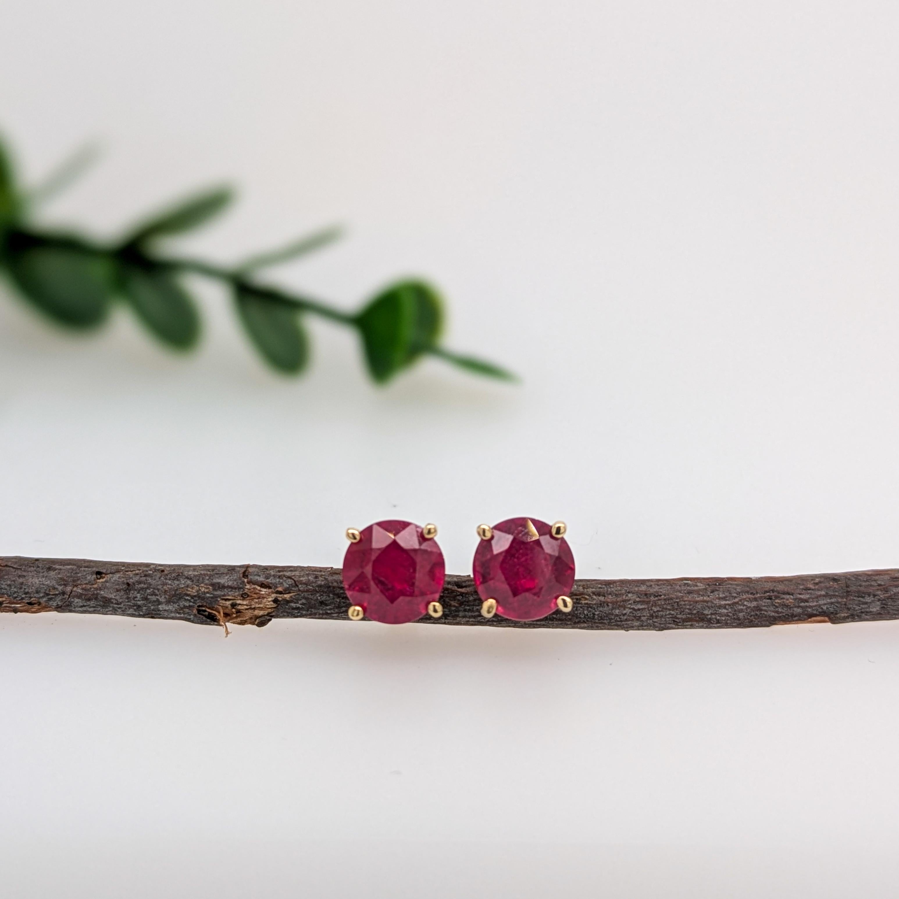 7mm 8mm Round Madagascar Ruby Solitaire Stud Earrings in 14K Gold