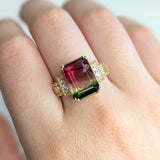 Yuti 14K Yellow Gold Watermelon Tourmaline Diamond Ring | Emerald Cut 12x9mm