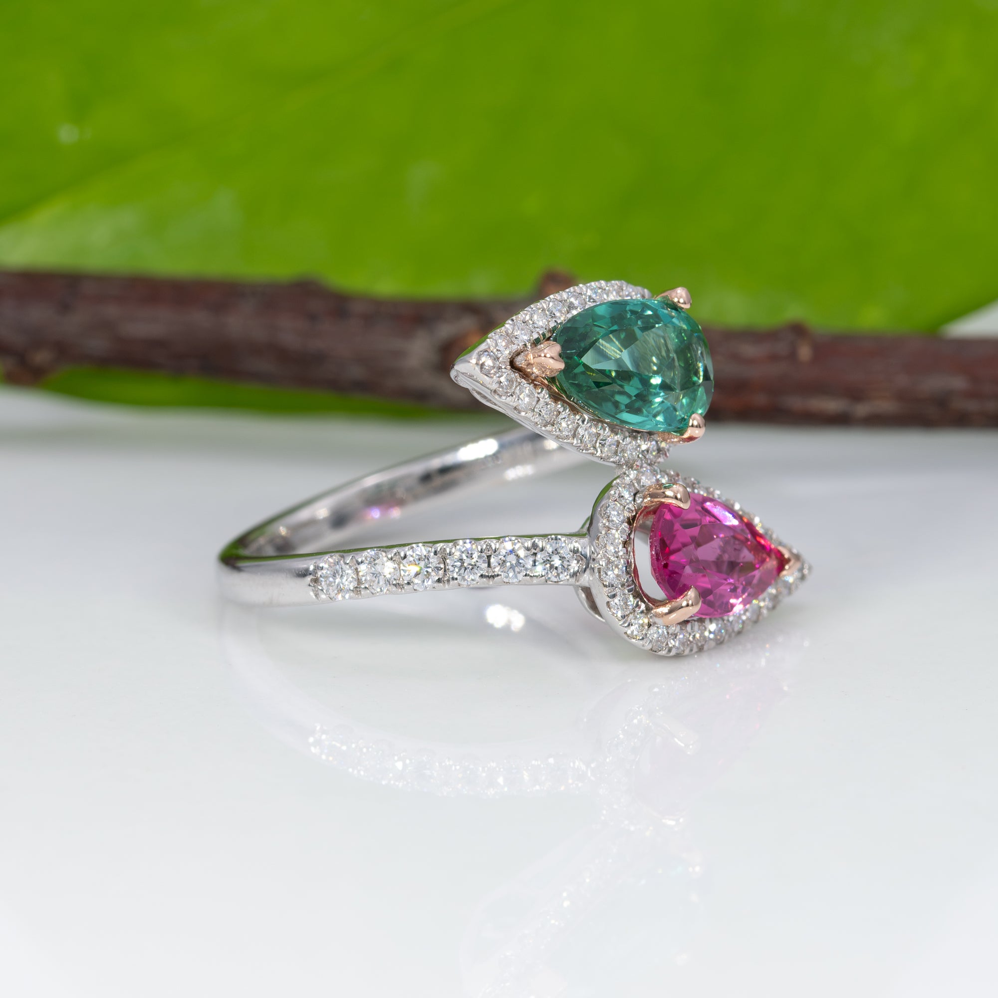 14K white & rose gold pink & indicolite tourmaline ring