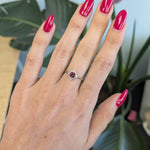 14K white gold red spinel ring with diamond halo
