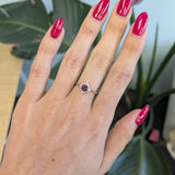 14K white gold red spinel ring with diamond halo
