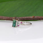 14K white gold indicolite tourmaline ring with pink sapphire accents