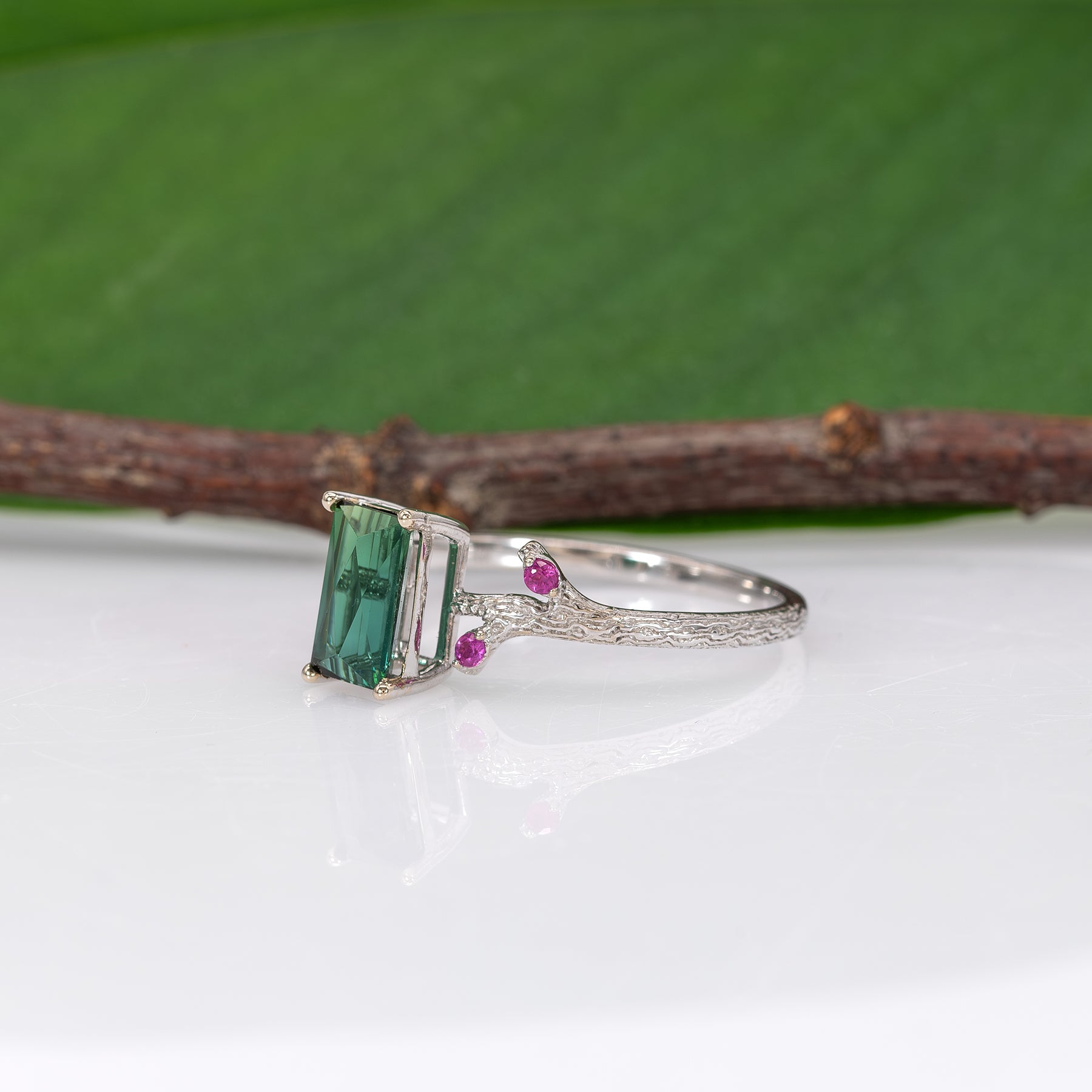 14K white gold indicolite tourmaline ring with pink sapphire accents