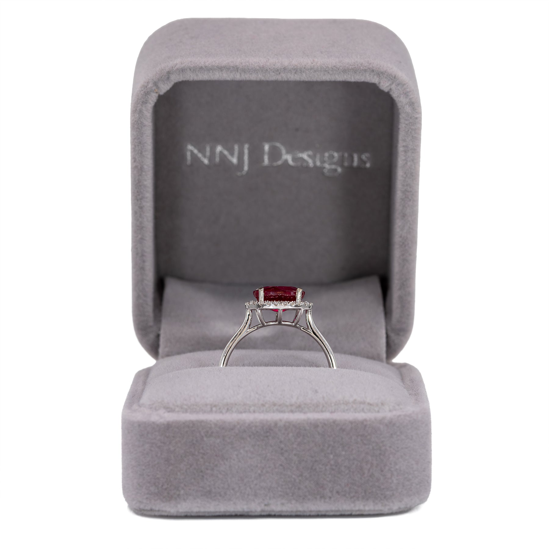 14K white gold Madagascar ruby ring with diamond accents