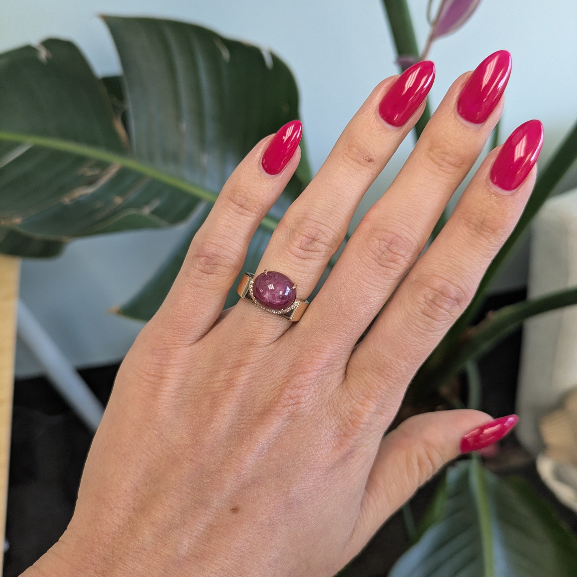14K yellow gold star ruby ring with diamond accents