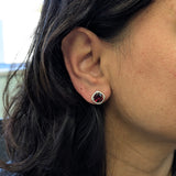 Cosette Solid 14k White Gold  Garnet Stud Earrings with Natural Diamond Halo, 8mm