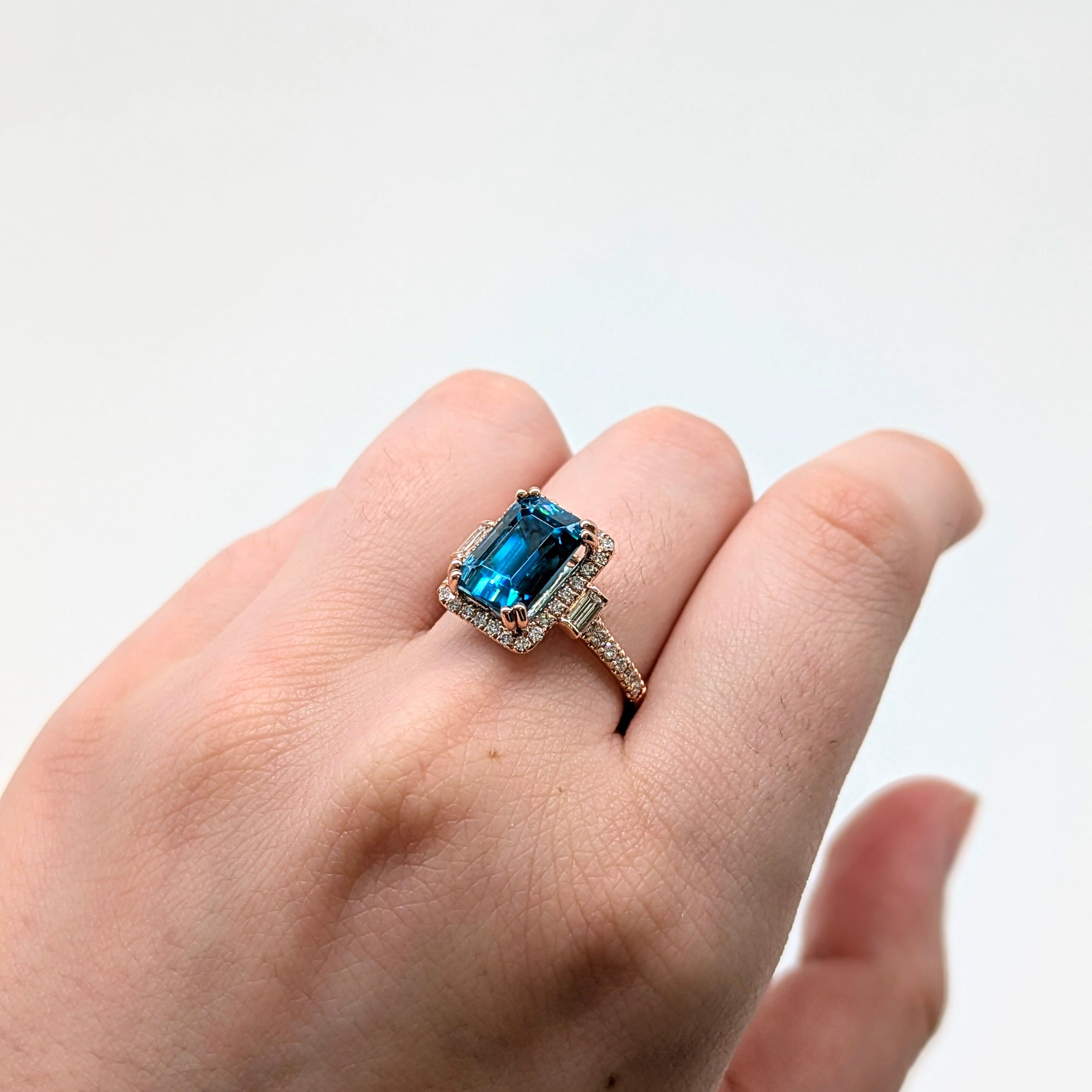 Tanvi 14K Rose Gold 6.68cts Blue Zircon Diamond Ring | Emerald Cut 9.5x7mm