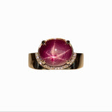 7.3ct Star Ruby Ring w Natural Diamond Accents in Solid 14K Gold | OV 10.5x9.6mm