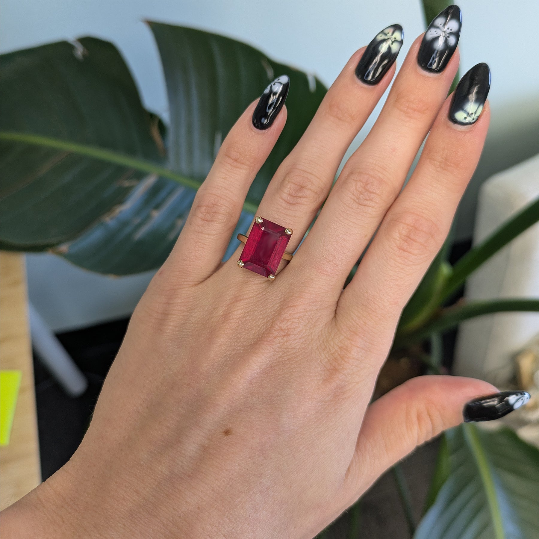 10K yellow gold Madagascar ruby emerald-cut estate ring