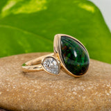 Daphne Solid 14K Gold 2.5cts Black Opal Ring with Lab Diamond Accent, Pear 14x9mm