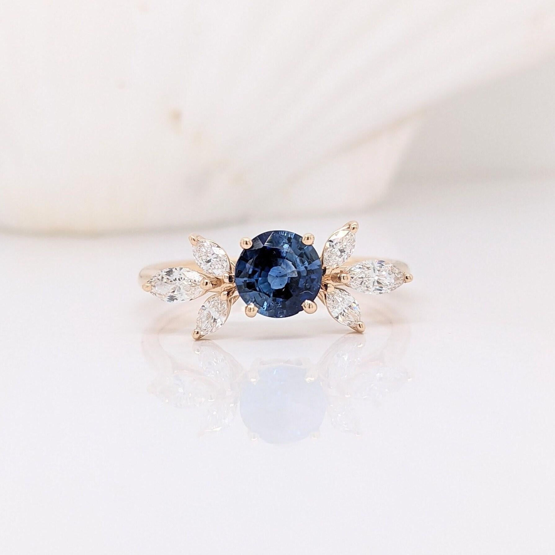 Ceylon Sapphire Ring w Natural Diamond Accents in Solid 14k Yellow Gold | RD 5mm