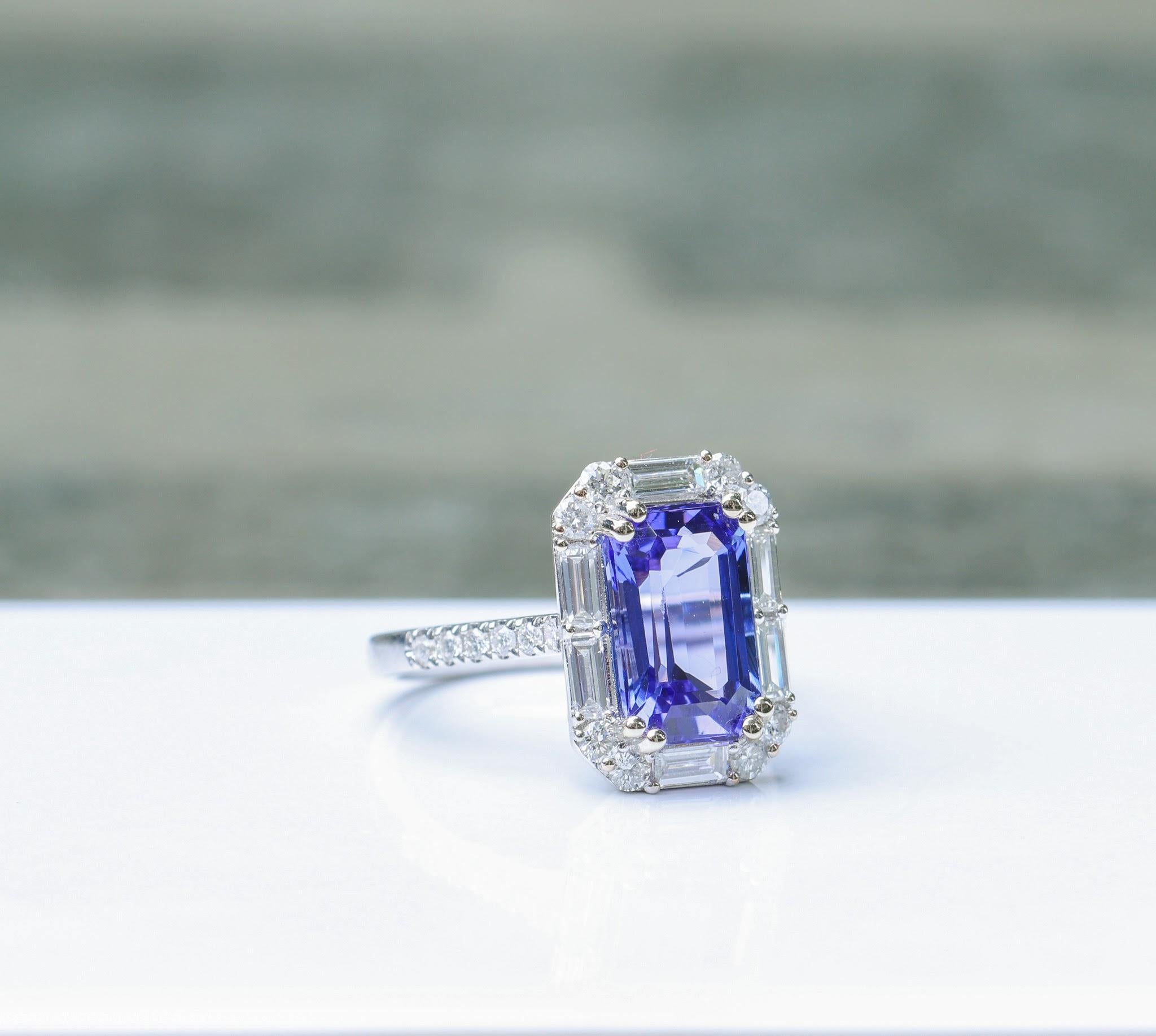 4ct Tanzanite Ring w Earth Mined Diamonds in Solid 14k White Gold | EM 11.5x7mm