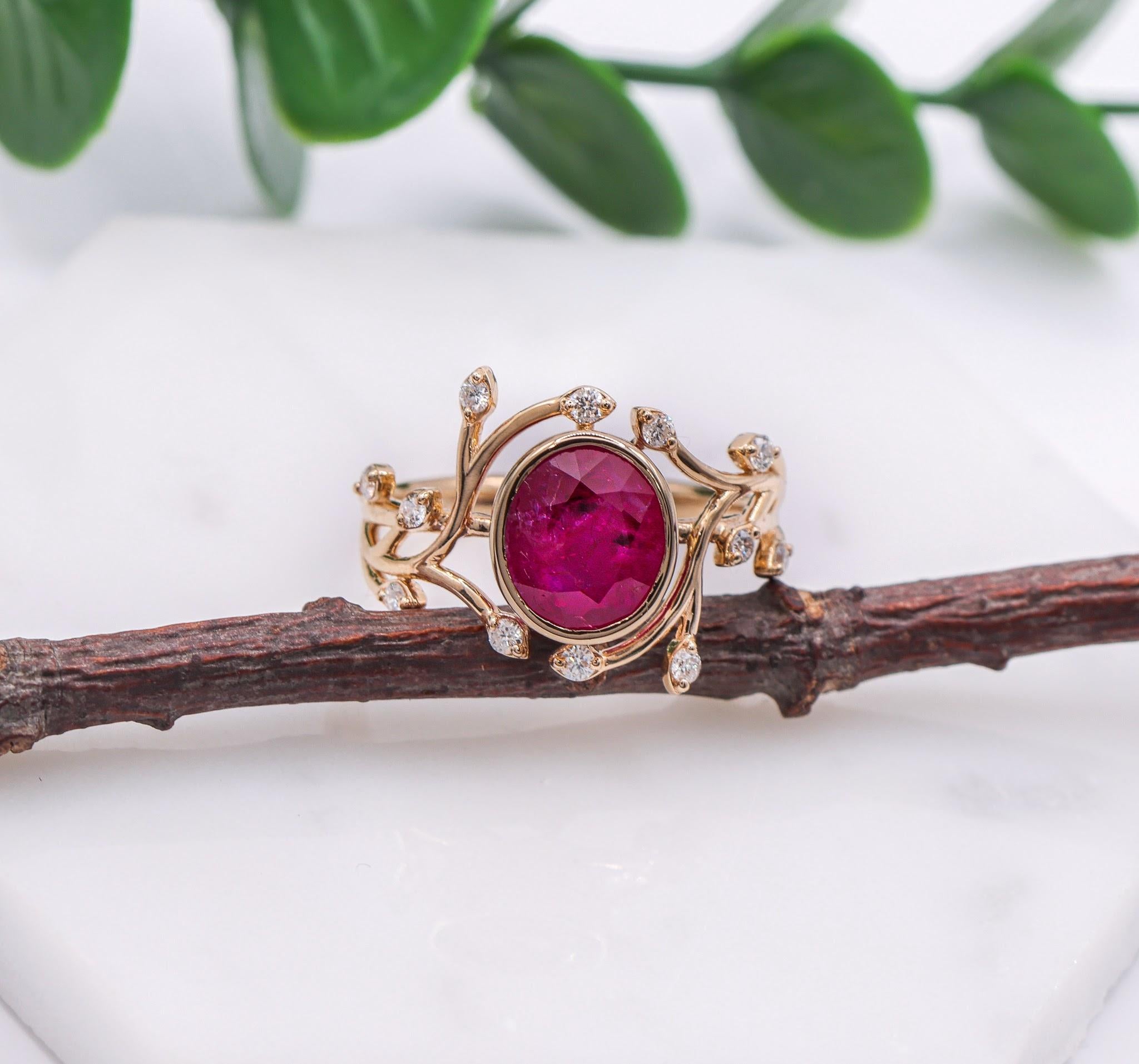 2.5ct Burma Ruby Vine Ring w Earth Mined Diamonds in Solid 14K Gold | Oval 9x8mm