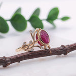 2.5ct Burma Ruby Vine Ring w Earth Mined Diamonds in Solid 14K Gold | Oval 9x8mm