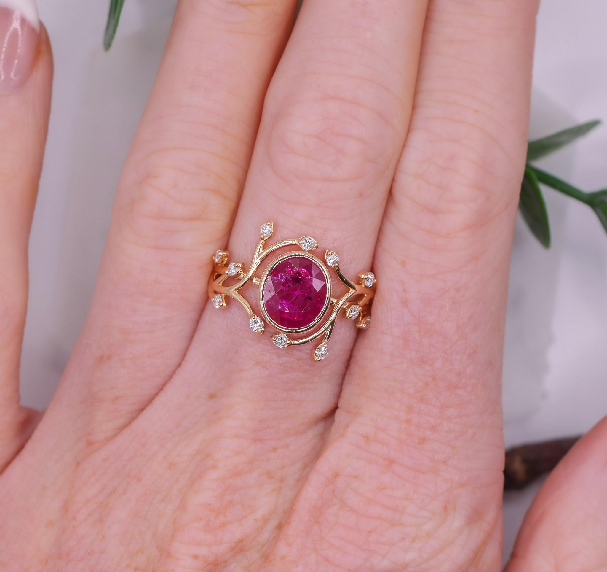 2.5ct Burma Ruby Vine Ring w Earth Mined Diamonds in Solid 14K Gold | Oval 9x8mm