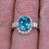 6ct Blue Zircon Ring w Earth Mined Diamonds in Solid 14k White Gold | Oval 10.5x8mm | December Birthstone
