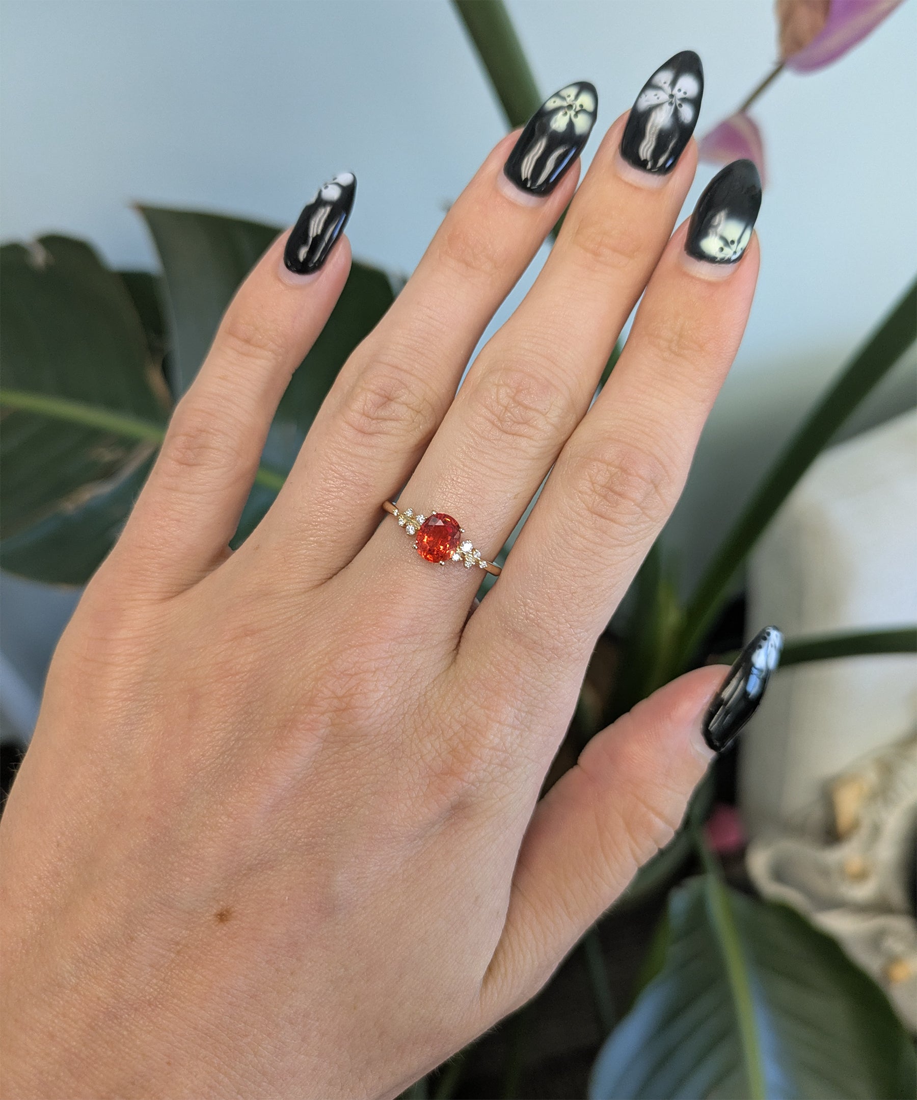14K yellow gold padparadscha sapphire ring with diamonds