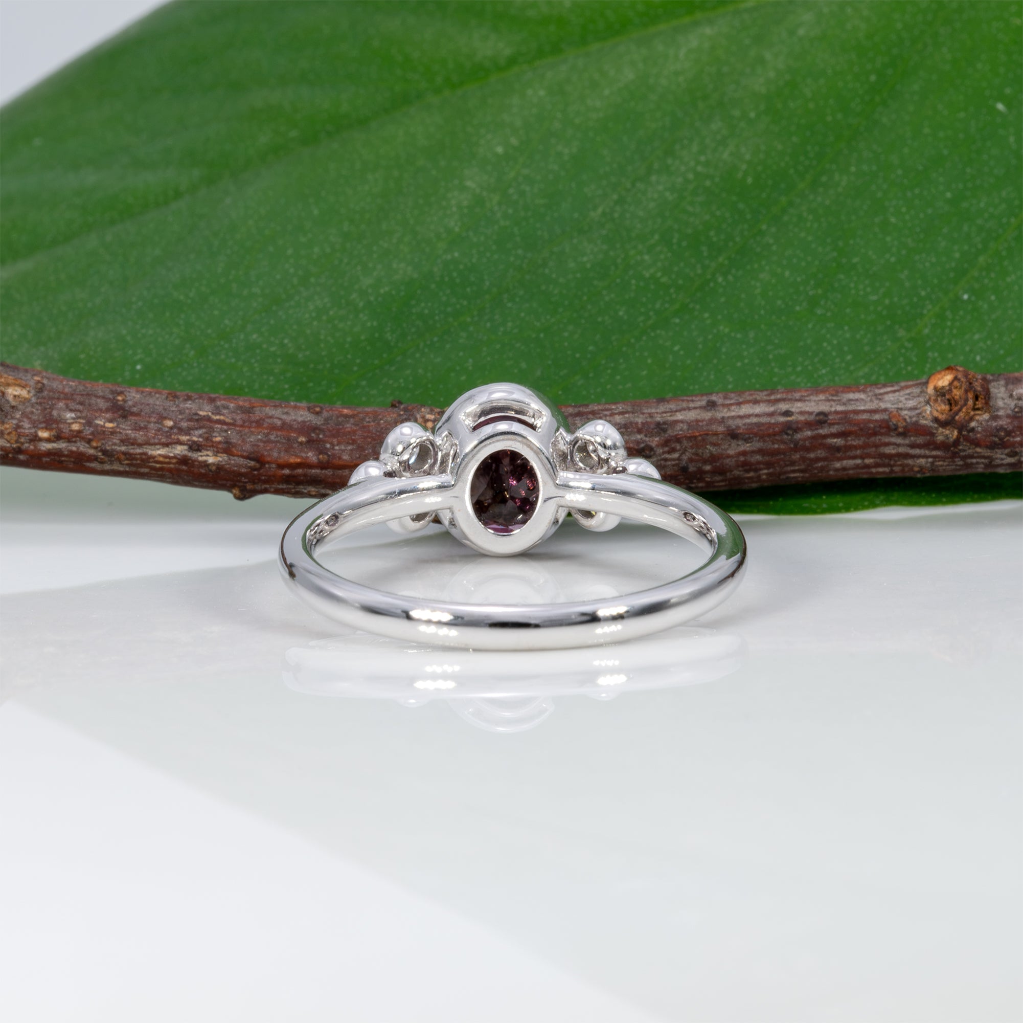 14K white gold purple spinel ring with diamond accents
