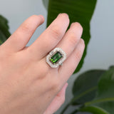 3.2ct Chrome Tourmaline Ring w Earth Mined Diamonds in Solid 14K White Gold | Emerald cut 11x6.5mm