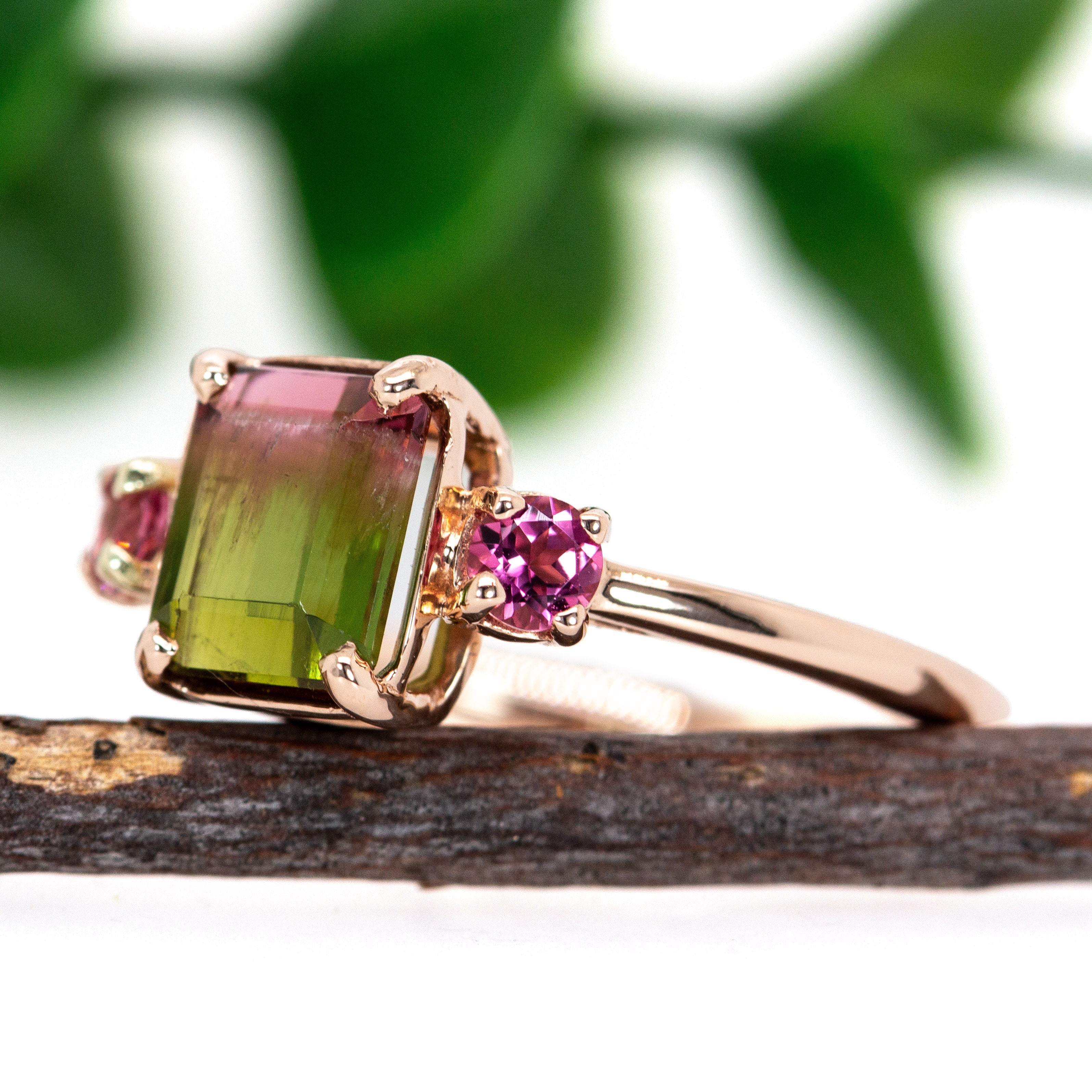 Avila 14K Rose Gold 3.55cts Bi-color Tourmaline Diamond Ring w 3mm Pink Tourmaline Accents | Emerald Cut - 9x6mm