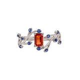 Varsha 14K Solid White Gold Orange Sapphire and Blue Sapphire Ring | EM 6x4mm