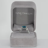 14K white gold Cambodian blue zircon cushion ring with diamond halo