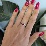 14K white gold red spinel ring with diamond accents