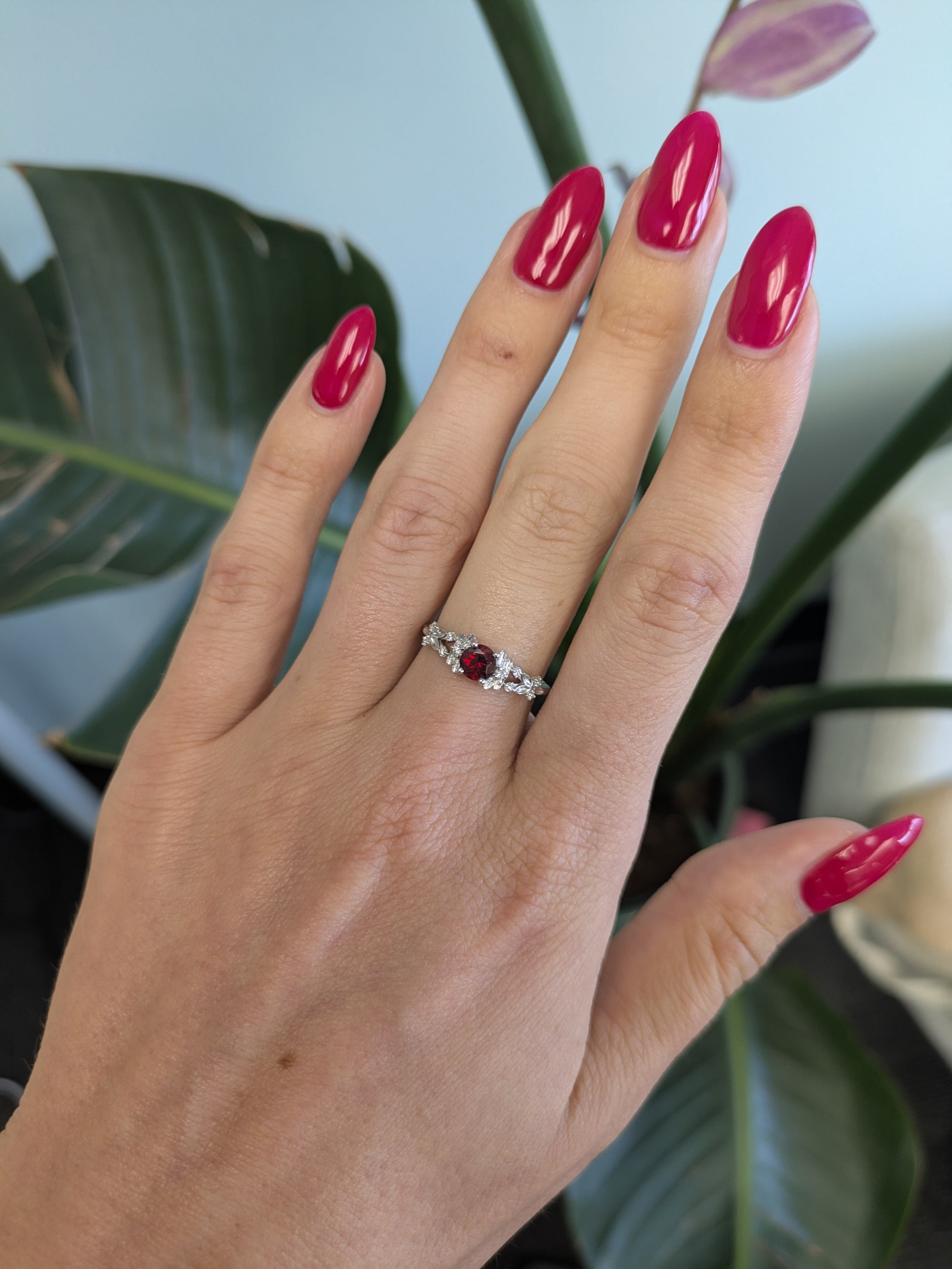 14K white gold red spinel ring with diamond accents