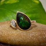 Daphne Solid 14K Gold 2.5cts Black Opal Ring with Lab Diamond Accent, Pear 14x9mm