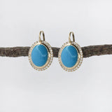 Sleeping Beauty Turquoise Drop Earrings in 14K Yellow Gold | Diamond Halo | Oval Cabochon | 10x8mm | December Birthstone
