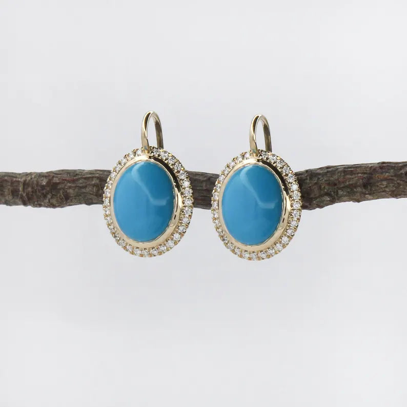 Sleeping Beauty Turquoise Drop Earrings in 14K Yellow Gold | Diamond Halo | Oval Cabochon | 10x8mm | December Birthstone