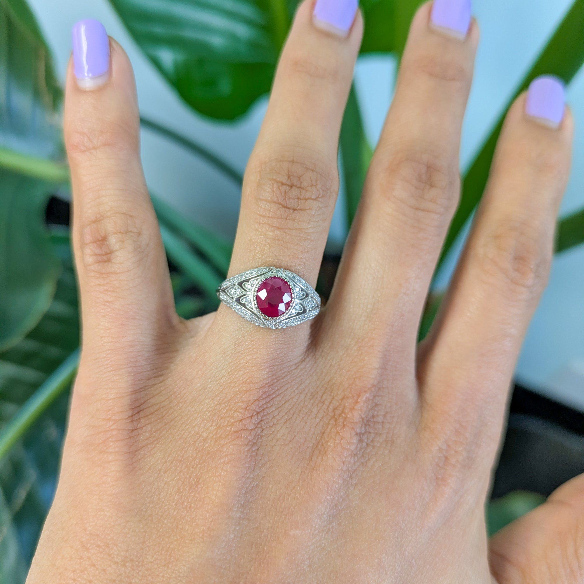 14K white gold burma ruby ring